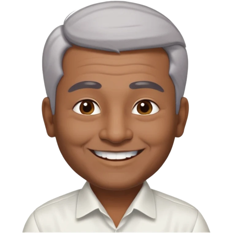 50 yr old indian man, dark skin, grey hair, big smile, white teeth, chubby, no moustache, clean shaven, young style hair, hair brushed back, 5 oclock shadow, bindy, dress shirt, forehead dot emoji