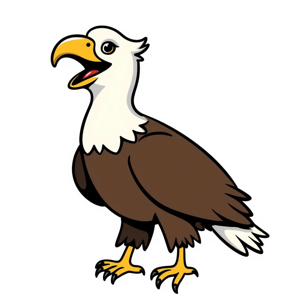 cartoon bald eagle with open beak from front view, white head, yellow beak, brown body emoji
