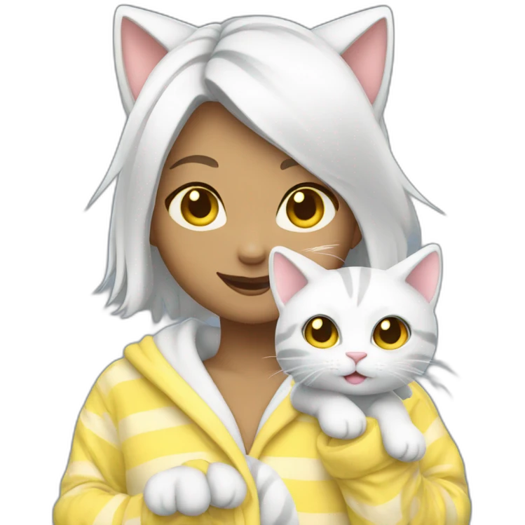cat girl with white hair and yellow eyes in pajamas waving emoji