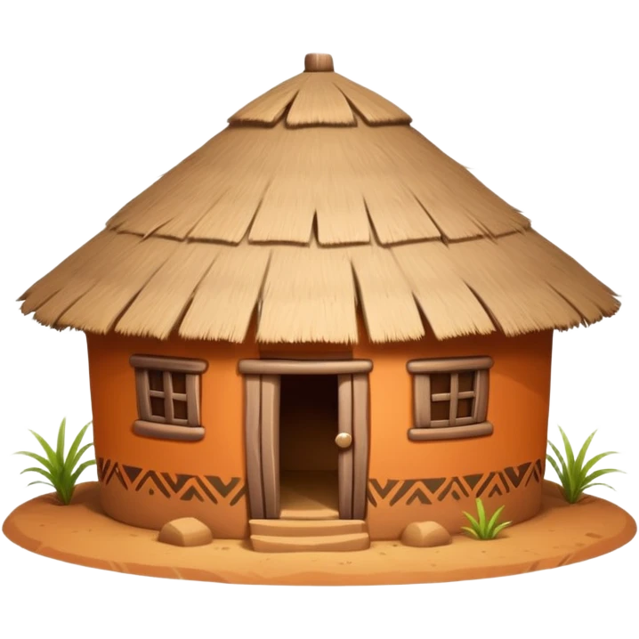 African mud hut tribal house, round adobe clay house, thatched roof, warm sunlight, colorful tribal patterns, cute mobile game icon, 3D cartoon, high detail, clean background emoji