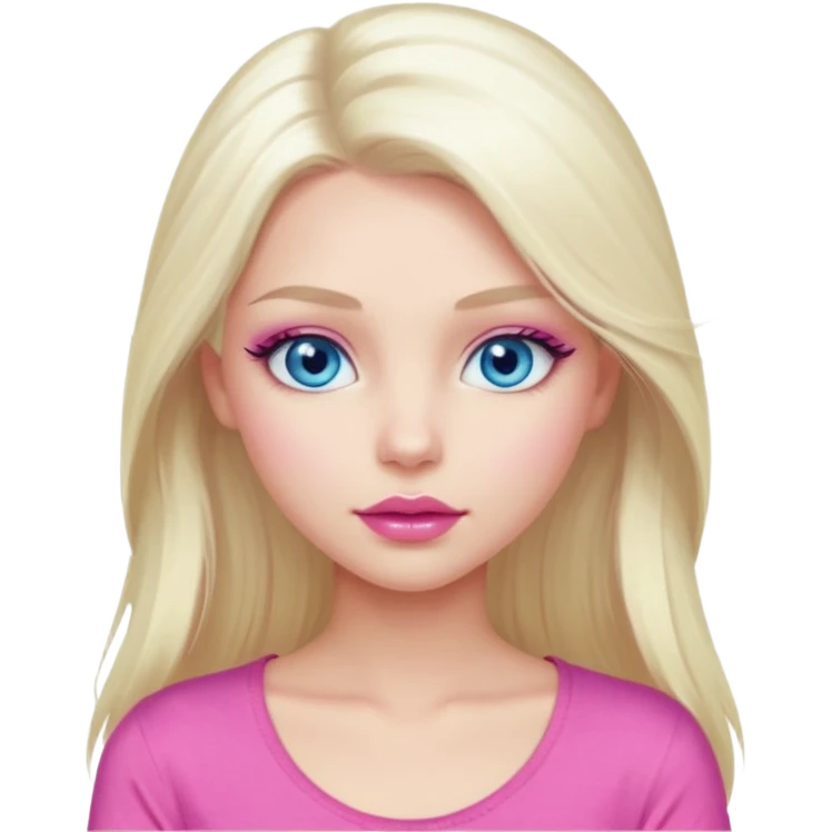 Girl with long platinum blonde hair, blue eyes, long lashes, sexy pink lips, wearing a pink top emoji