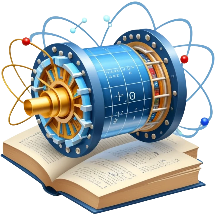 An icon featuring a physics textbook, a large Hadron Collider with particles flying off, symbolizing the study of physics. The design includes atomic models, energy waves, and scientific formulas, representing fundamental physical principles and research. Transparent background. emoji