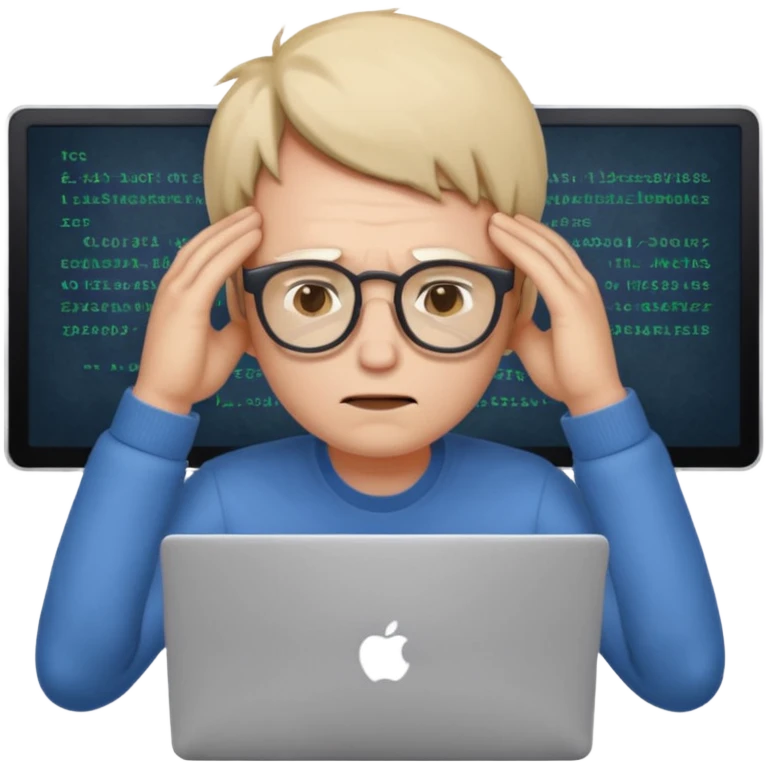 programmer holding his head, tired, bruises under his eyes, with a laptop emoji