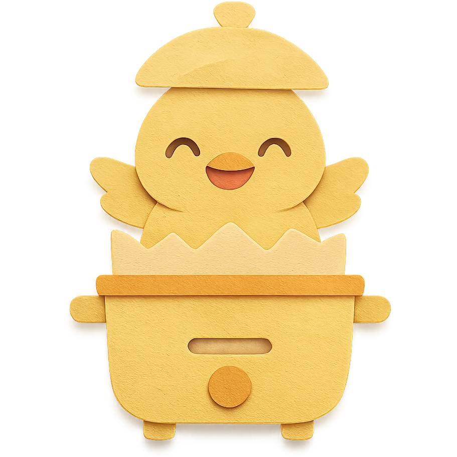 chibi egg cooker with a chick popping out, bright smile, soft yellow palette, full-body emoji