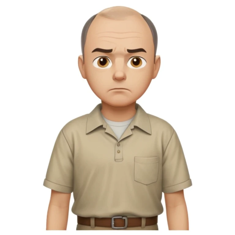 Carl from Sling Blade, serious expression, recognizable features, neutral background, full body, chin sticking out, slouching posture, no glasses, shirt with collar,  side view emoji