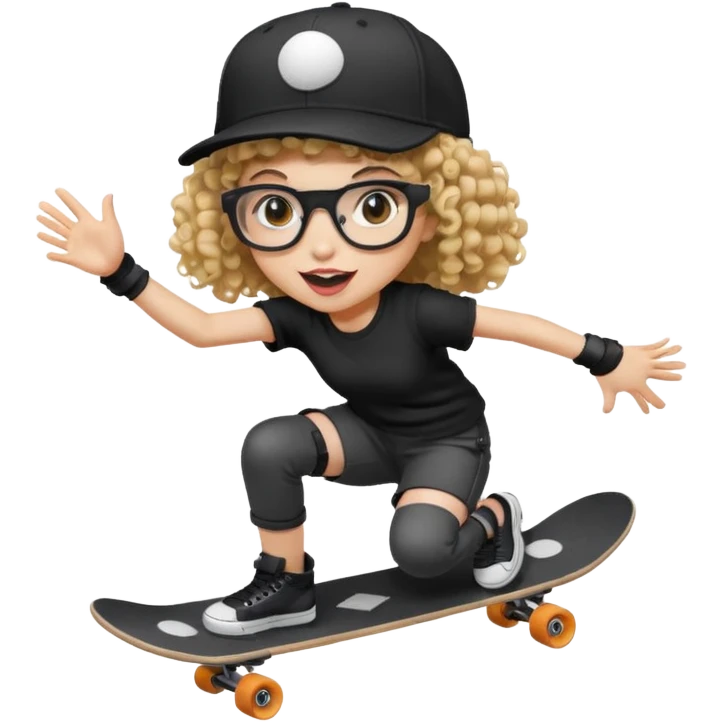 ["An excited girl with light skin, curly hair, wearing a baseball cap and square glasses, dressed in goth fashion, is skateboarding while holding a camera."] Pixal emoji