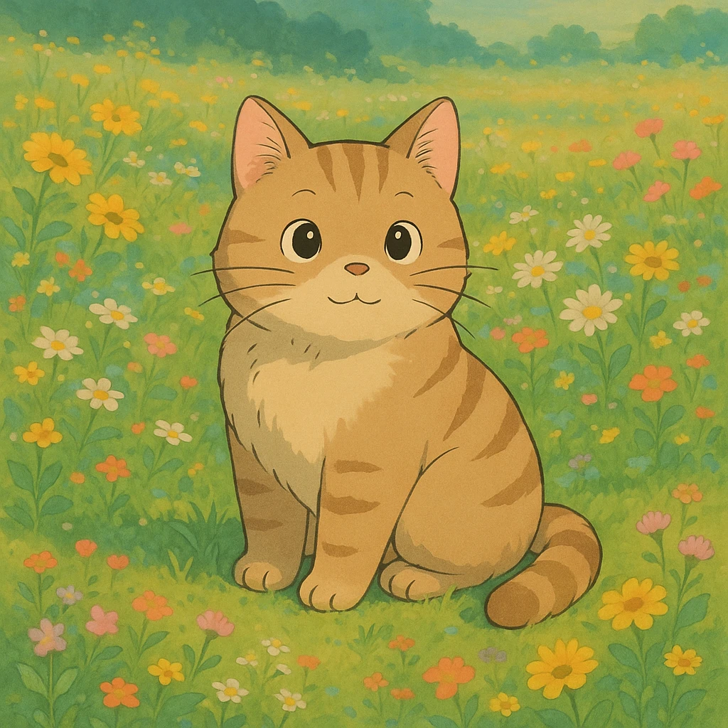 cute cat sitting in a field of flowers, ghibli style emoji