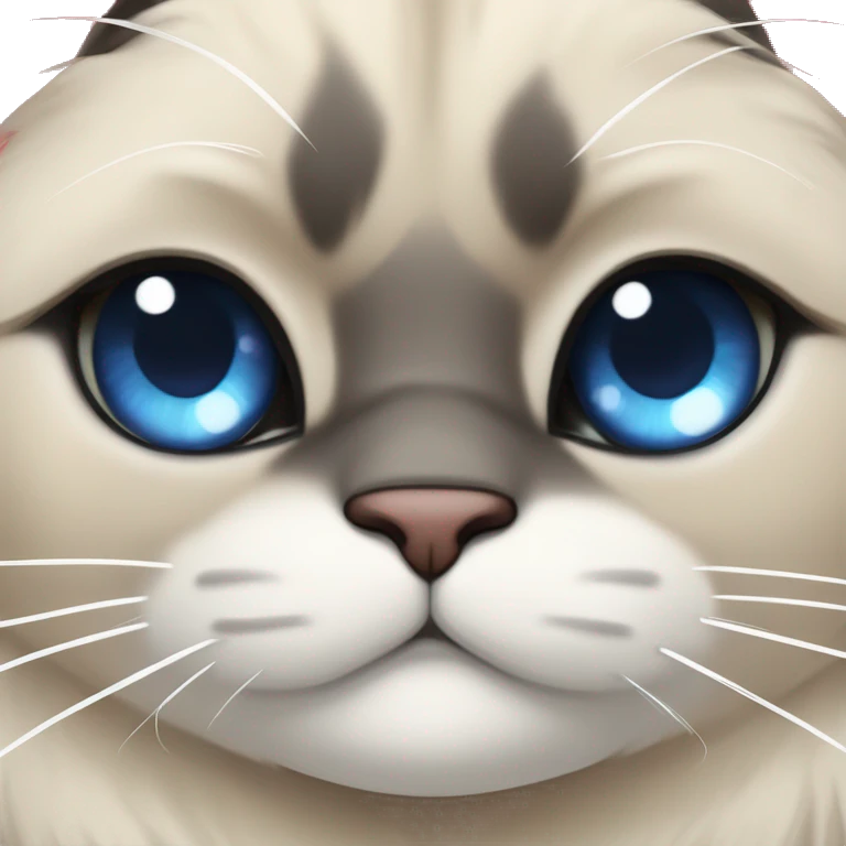 Long, chubby, cute, flat beige fur, blue round eyes, round pupils, Siamese and ragdoll mix cat, a grey face pattern, fur in his ears, wearing a red ribbon, a long slim tail, darker paws emoji
