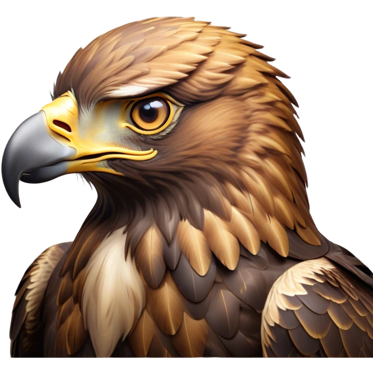 Cinematic Noble Golden Eagle Portrait Emoji, Poised and majestic, with a powerful, broad build, regal hooked beak, and piercing, intense eyes set against richly golden-brown plumage, Simplified yet sharp and sophisticated features, highly detailed, glowing with a soft, amber radiance, high shine, intelligent and commanding, stylized with an air of aerial supremacy, focused and determined, soft glowing outline, capturing the essence of a watchful and confident golden eagle that appears ready to soar out of the screen with effortless authority! emoji