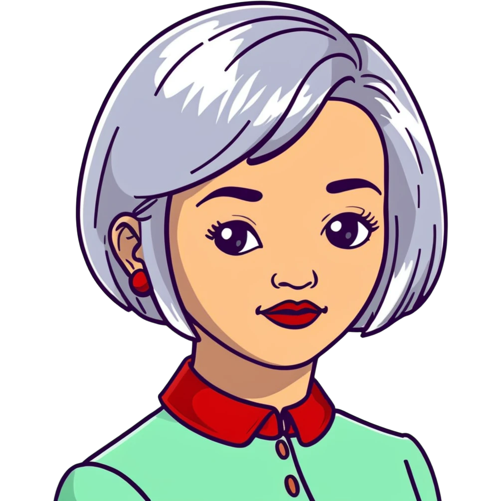 Elegant Hispanic senior woman, 70s, with silver bob haircut, bright complexion, marked cheekbones, almond-shaped hazel eyes, wearing red lipstick and a red structured collar blouse emoji