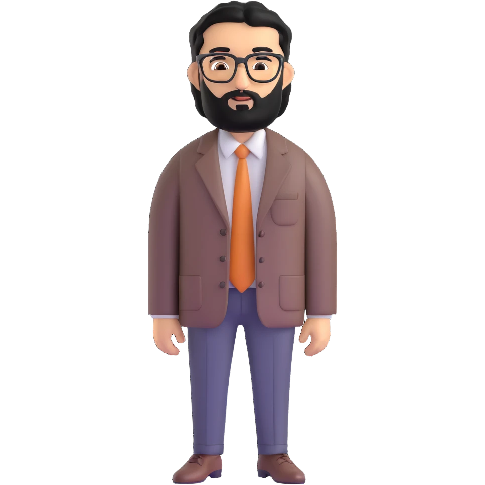professional middle eastern businessman with medium length black beard, black hair, thick unibrow, elongated nose, tan skin, brown eyes, glasses, wearing business casual outfit with open collar shirt emoji