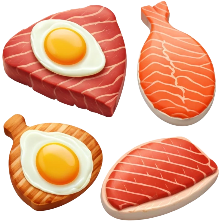 Four separate protein icons: a golden glowing chicken breast, a red meat steak, a smaller salmon fillet, and an egg, each with a subtle DNA strand behind it and muscle fiber pattern around the edges emoji
