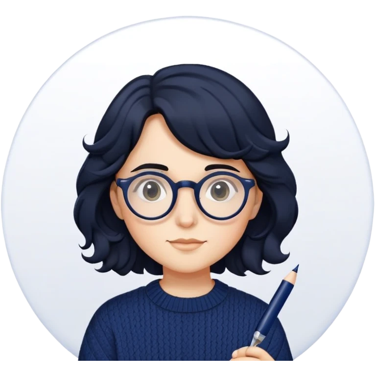 Designer with wavy black hair, round glasses, navy blue sweater, holding a design pen emoji