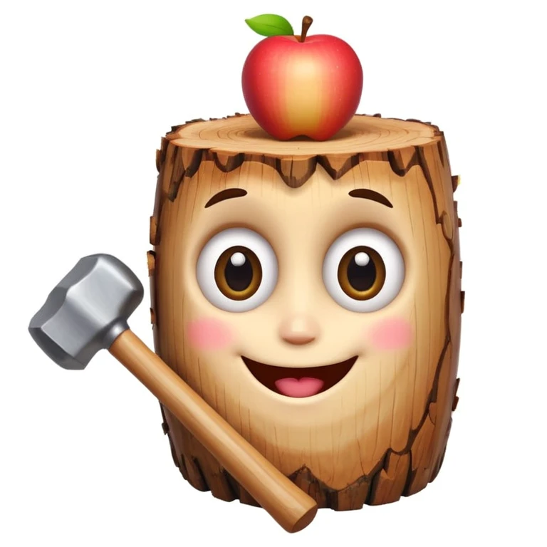 smiling wood log with big eyes and rosy cheeks, holding a small mallet, white background, vivid colors, apple emoji style emoji