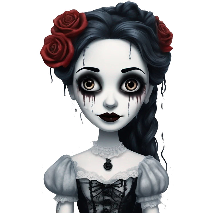 full height tim burton corpse bride, porcelain doll with a cracked face, goth makeup watery black eyes, long hair, lace and ruffles, lolita style, inked, black and white, red roses emoji