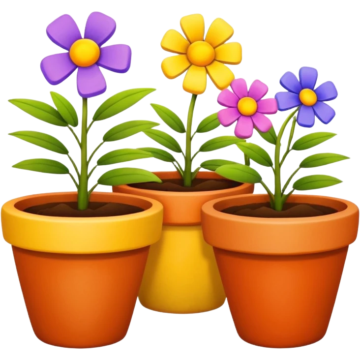 flower pots object icon, colorful plant pots with blooming flowers, ceramic and clay textures, vibrant garden vibe, 3D cartoon style, mobile game icon style, centered composition, clean background, no text, no watermark
 emoji