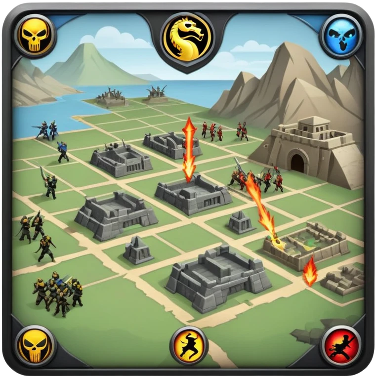 An icon representing a strategy game with a Mortal Kombat-style background, featuring a battlefield and strategic units. The design includes health bars at the top, symbolizing tactical planning and combat. Transparent background highlights the intensity of the fight and strategy. emoji