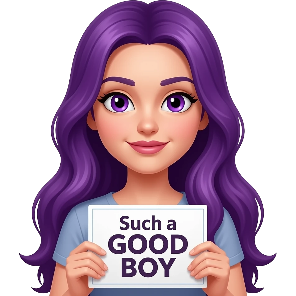 sexy girl with long purple hair and purple eyes holding a Such a GOOD BOY sign emoji