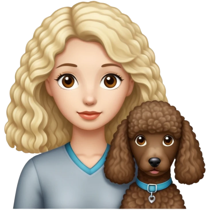 Girl with long dark brown hair and brown eyes with a blonde standard poodle emoji