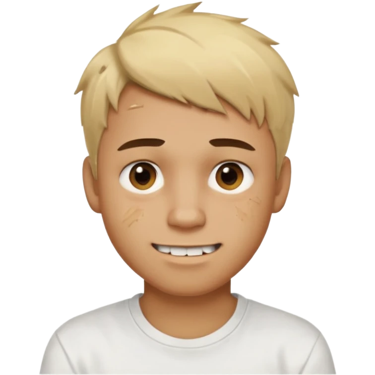 Male with short, messy blonde hair, large expressive golden-brown eyes, brown skin, subtle facial bruises and scratches, crooked smile showing slightly damaged teeth, wearing a plain white t-shirt. emoji