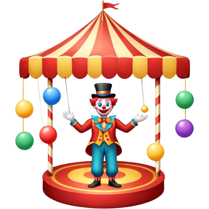 Icon for Circus Arts: a circus tent with a performer juggling colorful balls, a unicyclist, and a clown. The icon should convey the excitement and fun of circus performances, with emphasis on skill, acrobatics, and entertainment. Transparent background. emoji