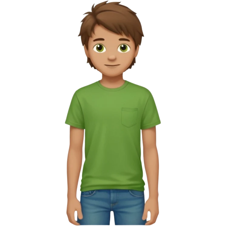 A 14 yerar old teenage boy, slightly tanned, wearing a green tshirt, blue jeans and green sneakers with brown tousled hair, smirking emoji
