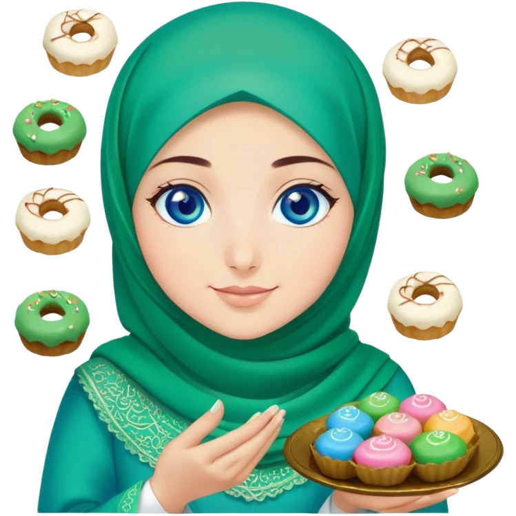 Turkish beautiful finish Konya girl blue eyes with green emerald hijab islamic dress and had on her hand text Eid Mubarak with sweets and celebrating with her friends eid days   emoji