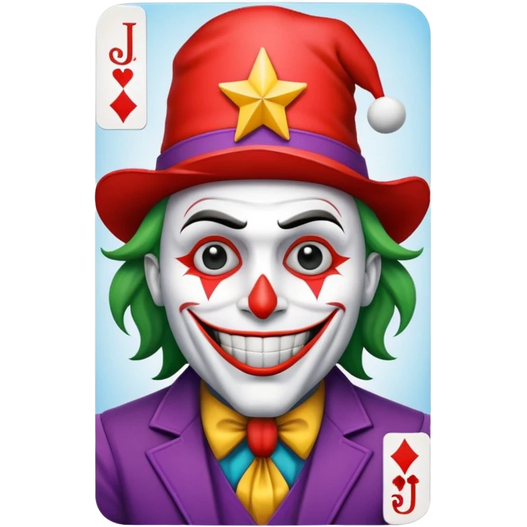1 poker card, squared, with crazy colorful human jolly joker inside, star symbol with a "J" emoji
