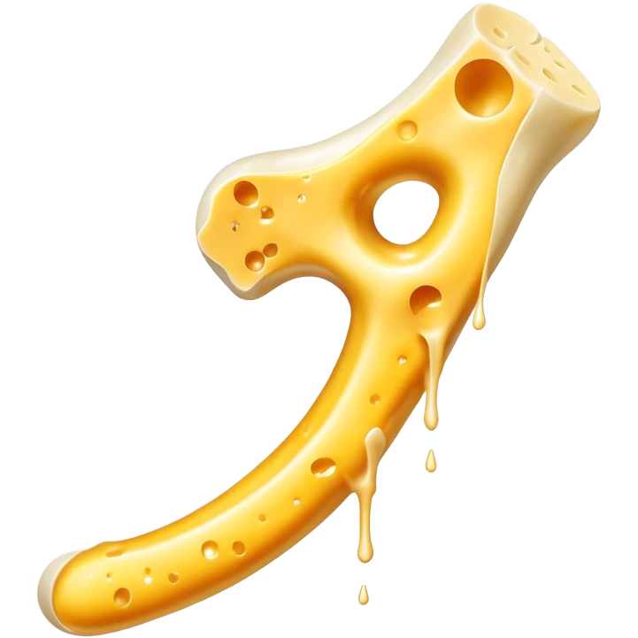Shredded cheese emitting ethereal golden glow toward a femur bone that shows a healing process with bright golden spots. A luminous K2 vitamin symbol floats nearby, directing the healing energy from the cheese to the specific healing points on the bone. emoji