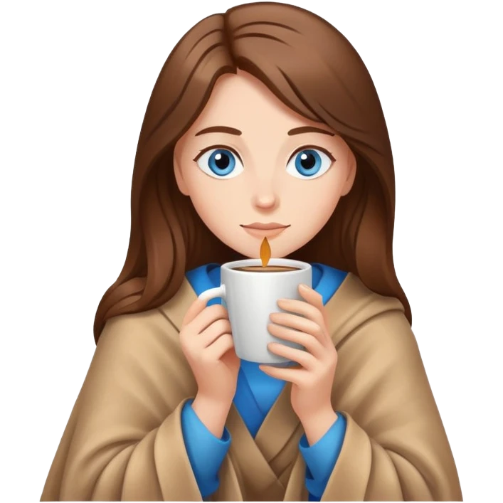 Brown hair with blue eyes lady wearing light brown blanket drinking coffee  emoji