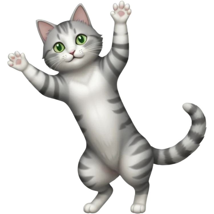 grey and white cat with green eyes doing a big extremely long stretch reaching up into the air with arms and legs side by side together straight and overextended whilst lying on its side emoji