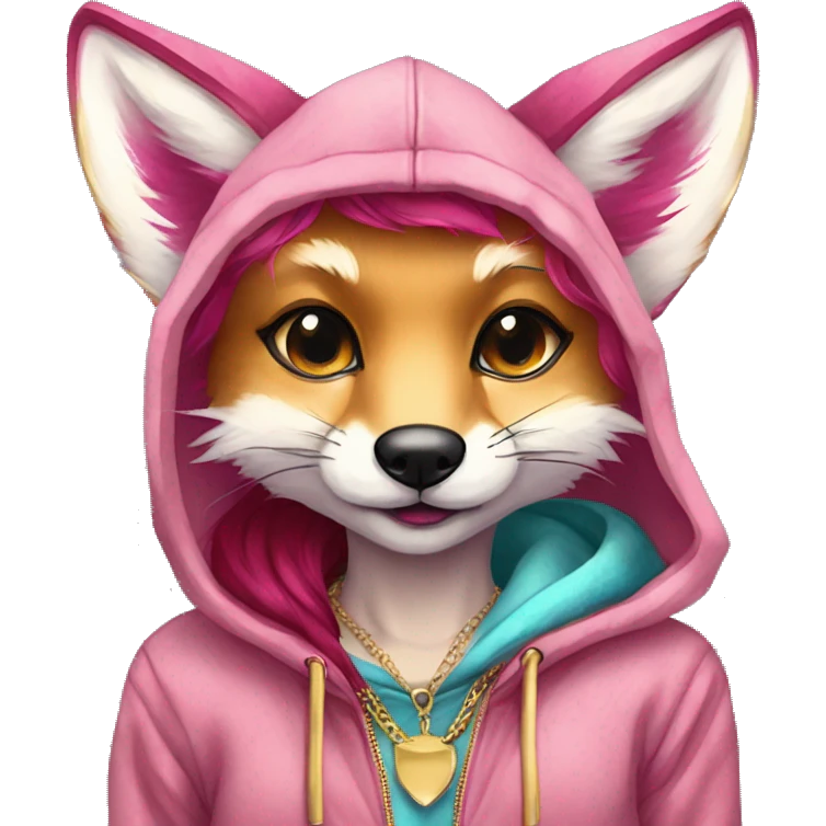 Pink magenta burgundy maroon cyan beige gray fox wearing a pink hoodie with gold jewellery gold piercings gold ear piercing gold nose piercing vintage watercolour tie dye black raven wings emoji