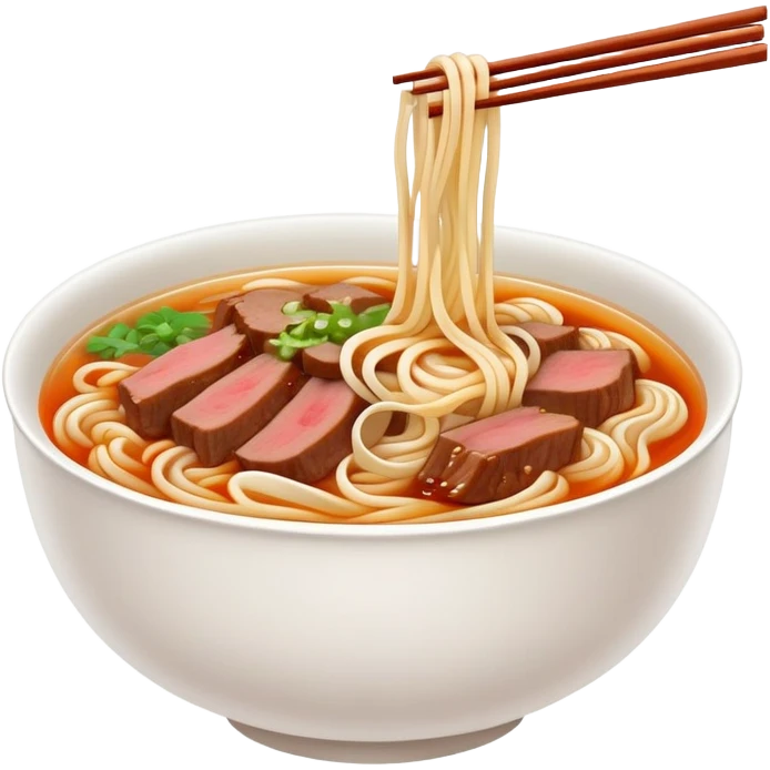 Lanzhou hand-pulled noodles with beef and broth, simplified emoji style with bold outlines and bright colors, cartoon style lamian in bowl emoji