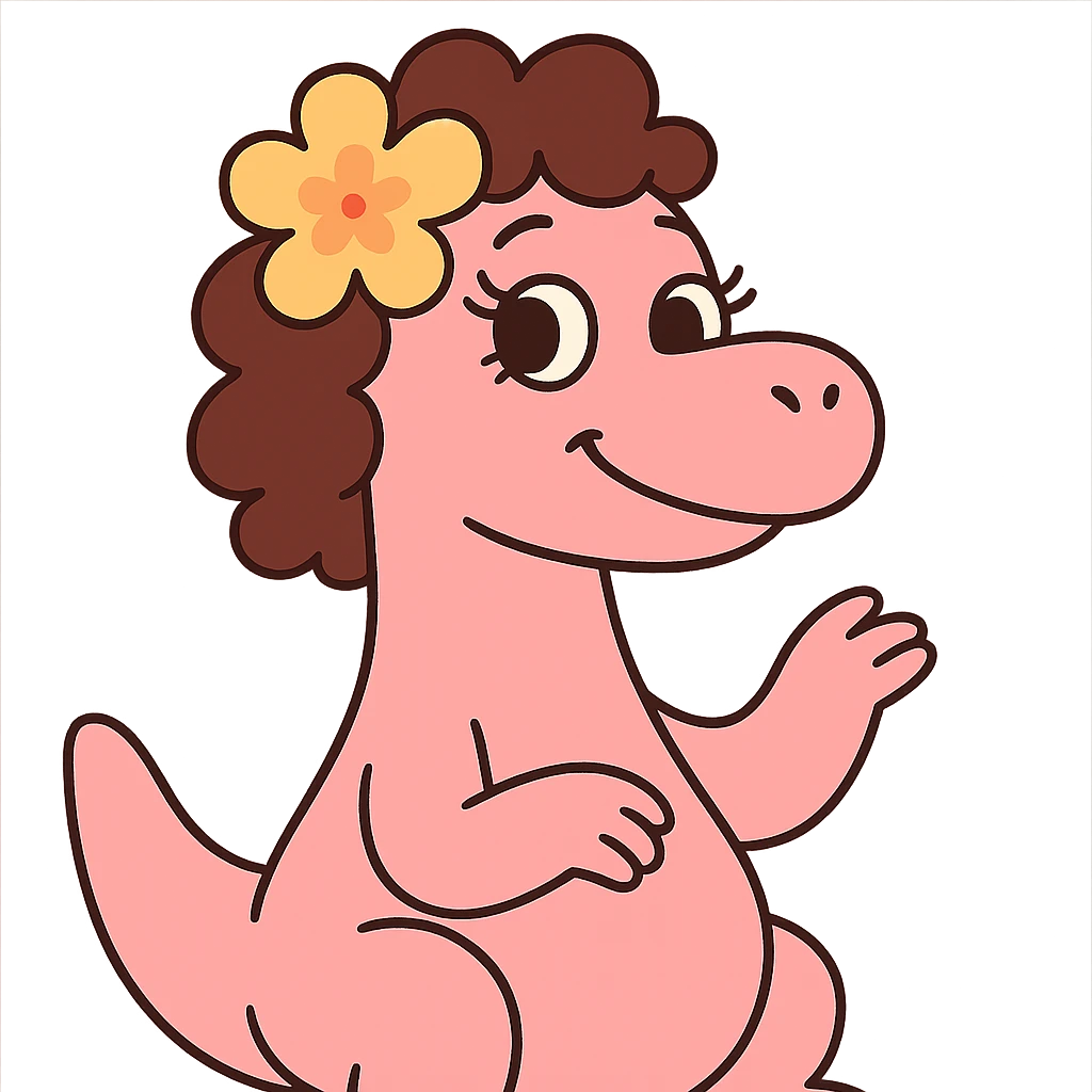 pastel pink dinosaur with brown curly hair, a Hawaiian flower in her hair, brown eyes, and long eyelashes emoji