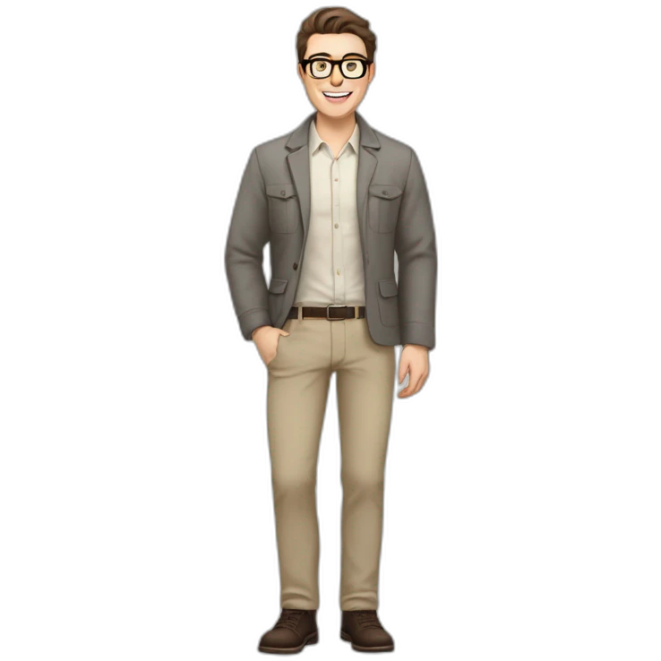 Joyful Full height Pale skinned Fit Man With dark brown hair in gray jacket, beige office shirt, Brown pants and vintage glasses. His thrumbs up emoji