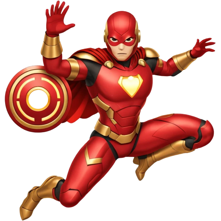 "A high-quality die-cut sticker of a tech-based armored superhero in a dynamic flying pose. Vibrant red and gold metallic plating, glowing circular chest piece, thick white border, flat vector art style, white background." emoji
