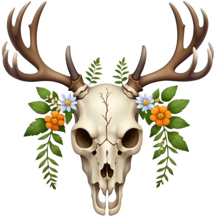Deer skull with antlers and herbs and small flowers emoji