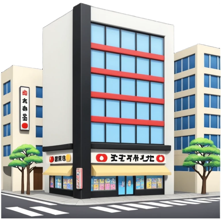 japanese anime store in modern style like in Akihabara with "anime" in japanese on a building emoji