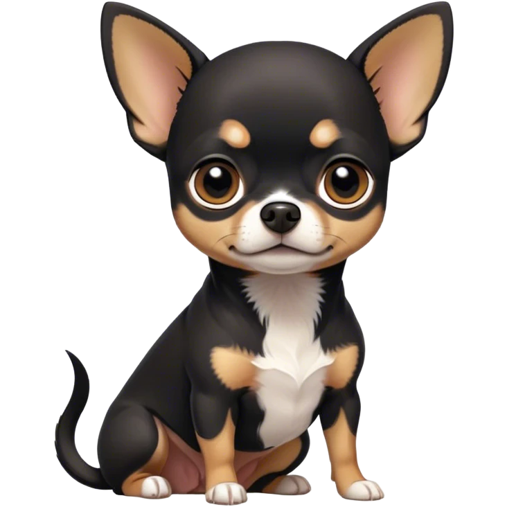 Cinematic Noble Black Tri Short Haired Chihuahua Portrait Emoji, Poised and regal, with a compact, muscular build and a striking black tri-color coat with hints of white and tan, deep-set soulful dark eyes, Simplified yet sharp and sophisticated features, highly detailed, glowing with a soft, dignified glow, high shine, intelligent and loyal, stylized with an air of strength, focused and attentive, soft glowing outline, capturing the essence of a watchful and confident guardian, so majestic it feels as though it could step out of the screen with effortless authority! emoji