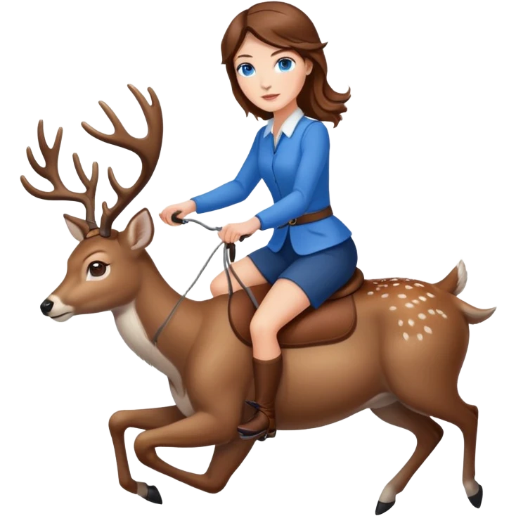 A white woman with brown hair and blue eyes in riding a deer emoji