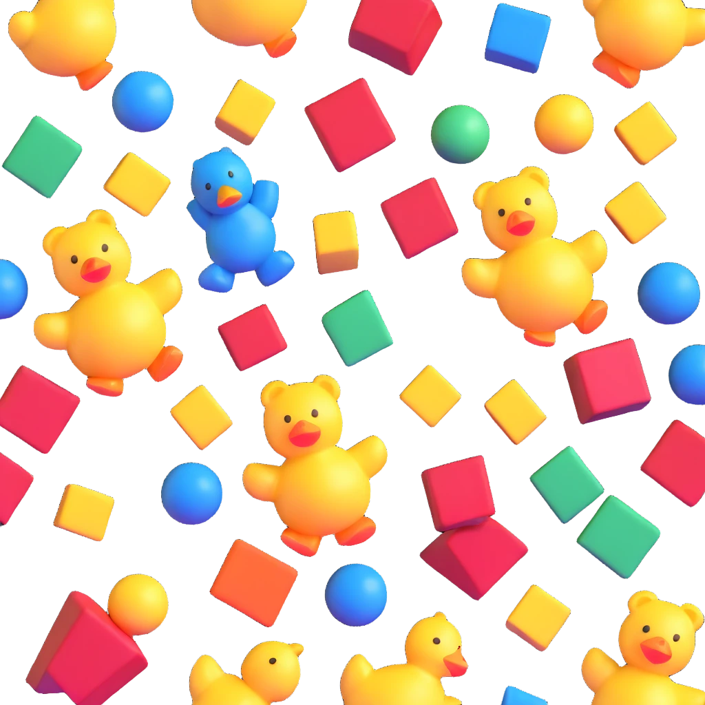 colorful scattered toys - teddy bear, rubber duck, blocks, ball, superhero figures emoji