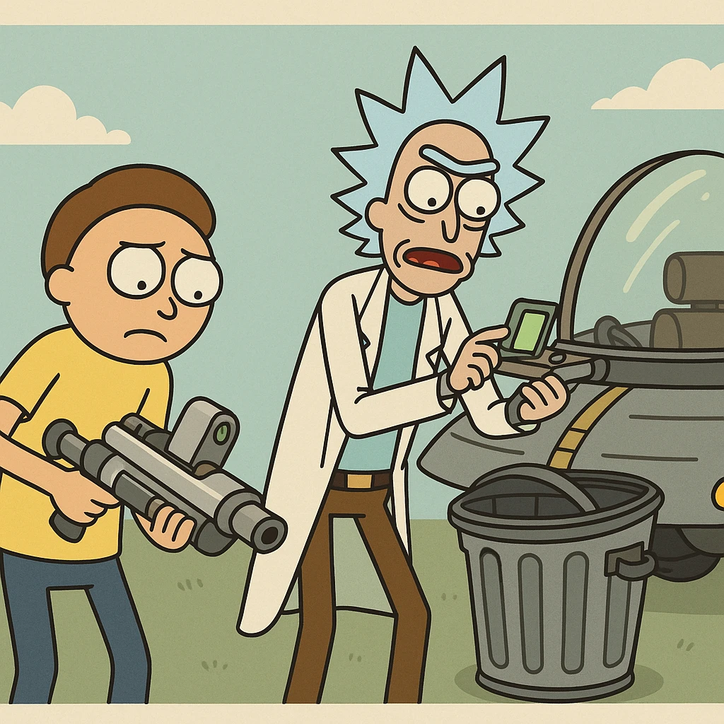 Rick and Morty preparing for new adventune. The're checking their equipment. And they trashcan space ship emoji