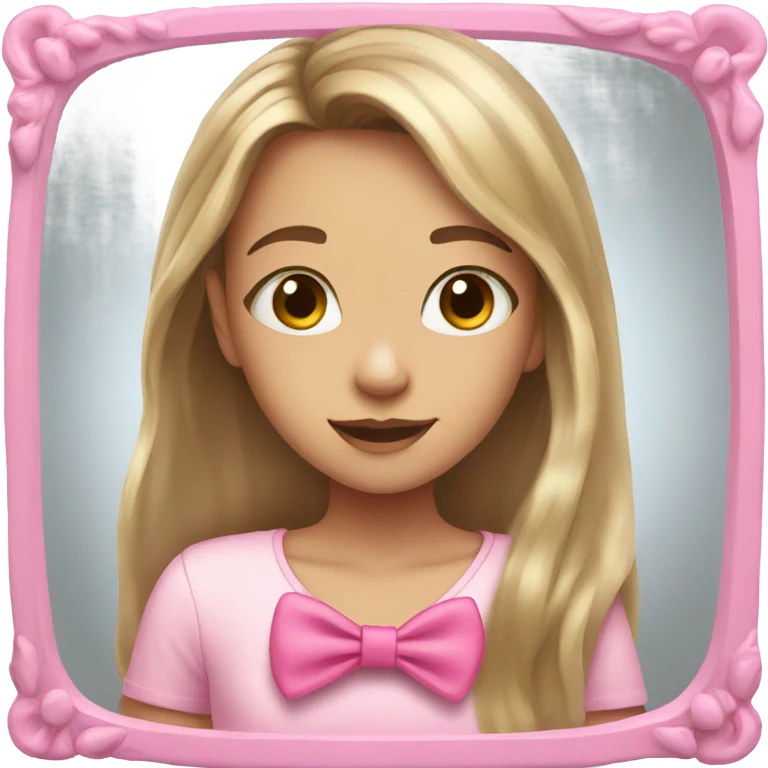 Girl with long hair with pink bow and with she's doing mirror shot emoji