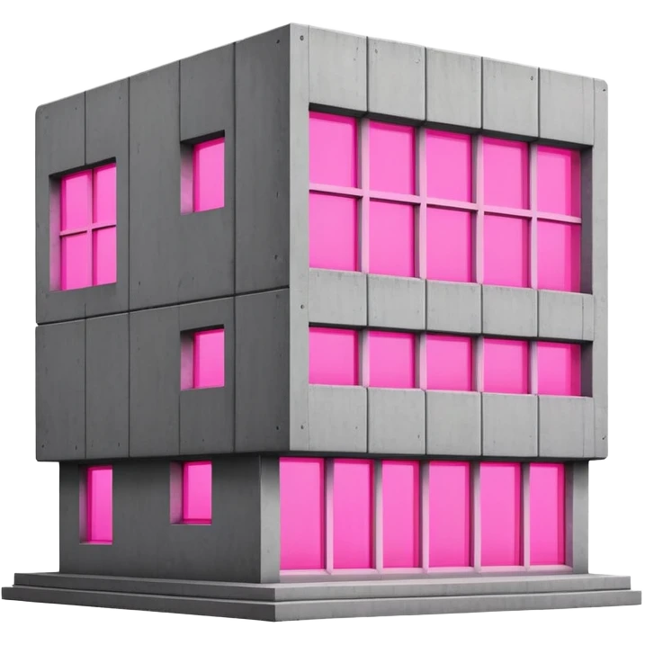 Concrete block building in brutalist style with one pink neon window and several standard windows emoji