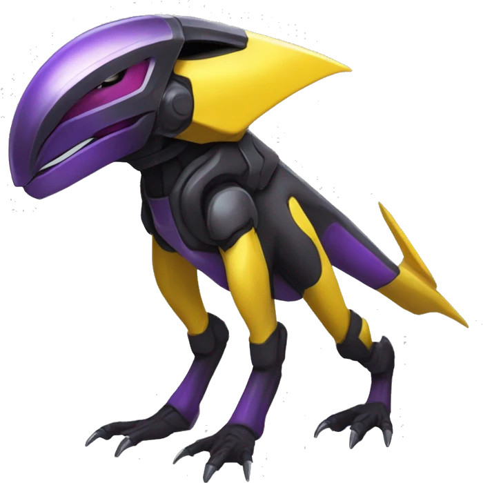 a shiny black-purple-yellow Genesect-Raptor-Fakémon—hybrid with a futuristic visor-helmet full bod emoji