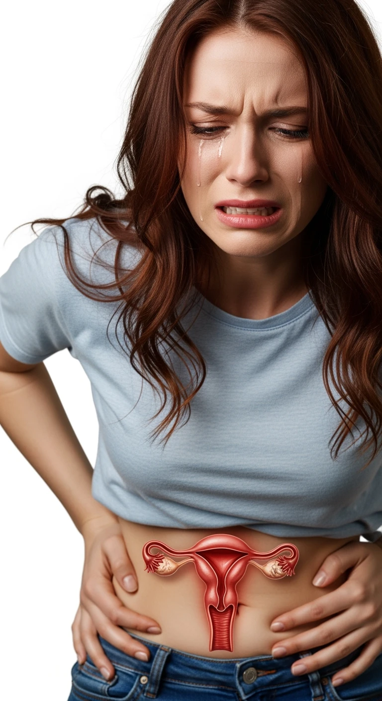 donna con utero umano realistico in evidenza dolorante, espressione di dolore in volto, sfondo bianco, non farla computerizzata, ma iperrealistica 4k emoji