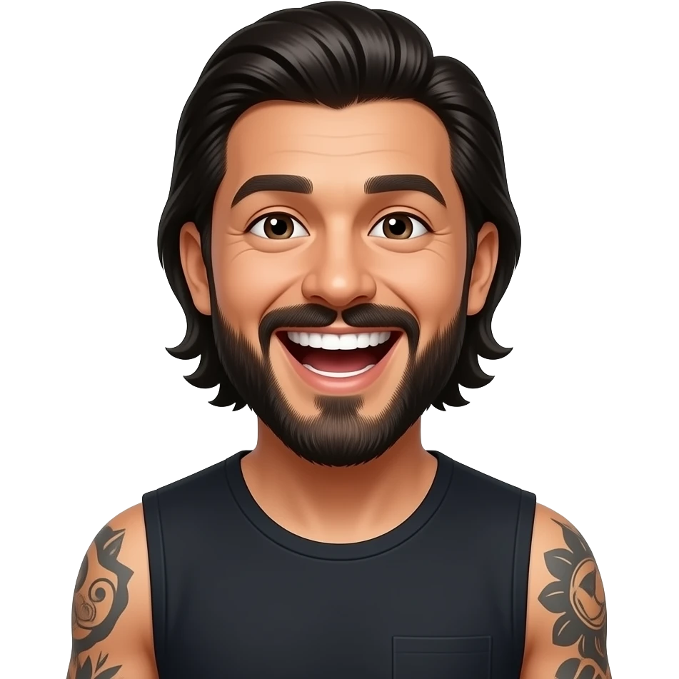 Kawaii style Handsome Latino, man with slicked back medium length hair and tattoos with a long beard, laughing super hard emoji