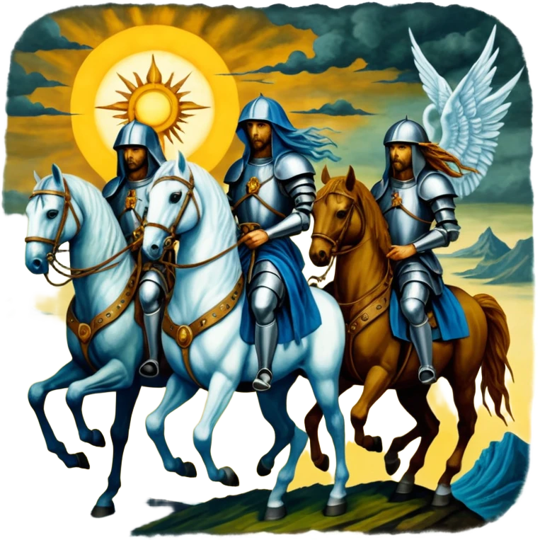 solarpunk HD, mysterios style, oil paint - The Four Horsemen of the Apocalypse, based on a graphic by Albrecht Dürer emoji