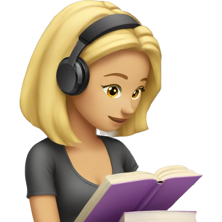 Blonde woman with headphones Studying in library looking at book  emoji