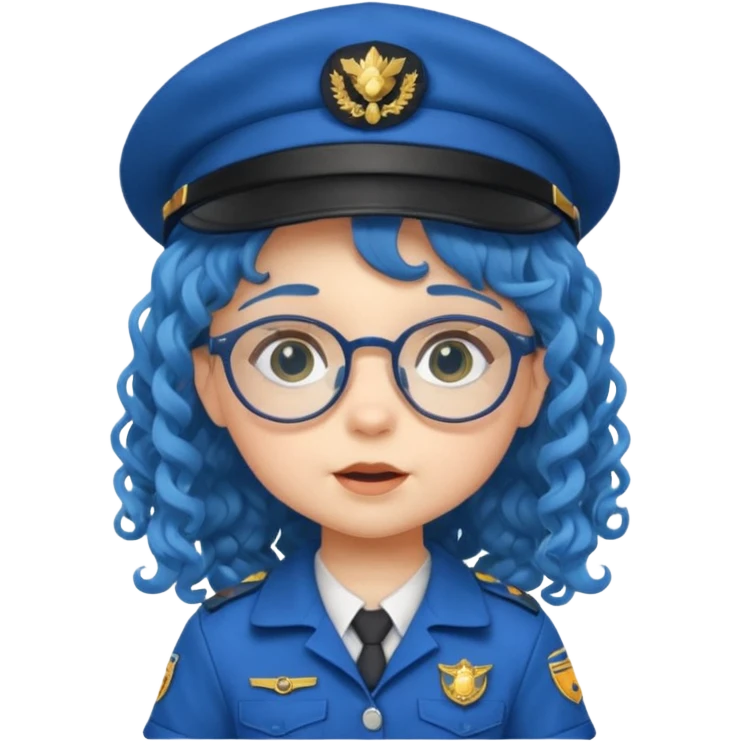 scout girl baby with uniform including the hat,  little with glassess and long curly blue hair emoji